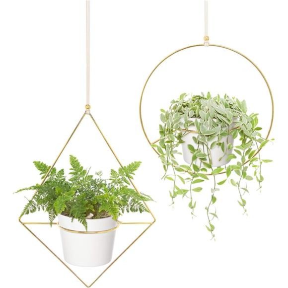 Boho Metal Hanging Planter with Plastic Pots, Set of 2 , Modern Mid Century - Picture 1 of 6